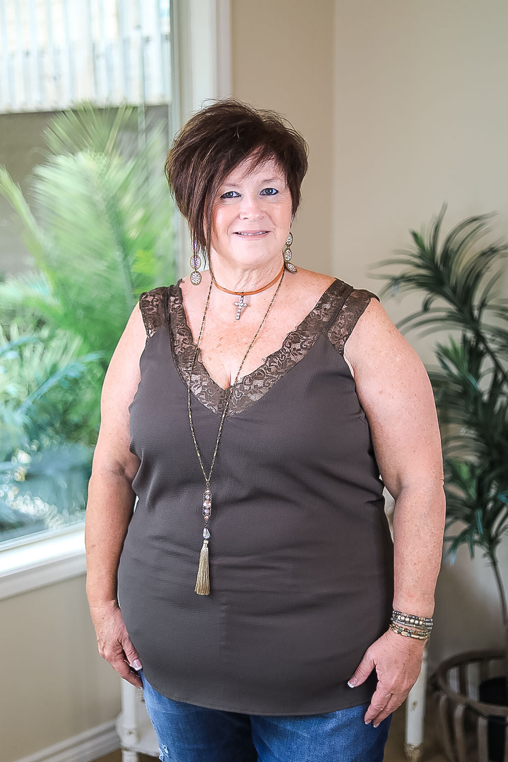 On Replay Solid Color Camisole with Lace Sleeves in Olive Green - Giddy Up Glamour Boutique