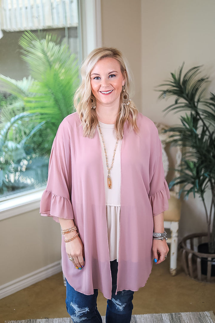 Tell Me About It Sheer Kimono with Ruffle Sleeves in Dusty Rose Pink - Giddy Up Glamour Boutique