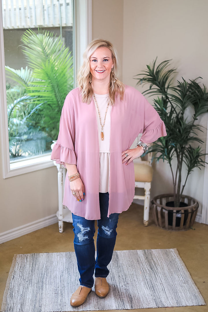 Tell Me About It Sheer Kimono with Ruffle Sleeves in Dusty Rose Pink - Giddy Up Glamour Boutique