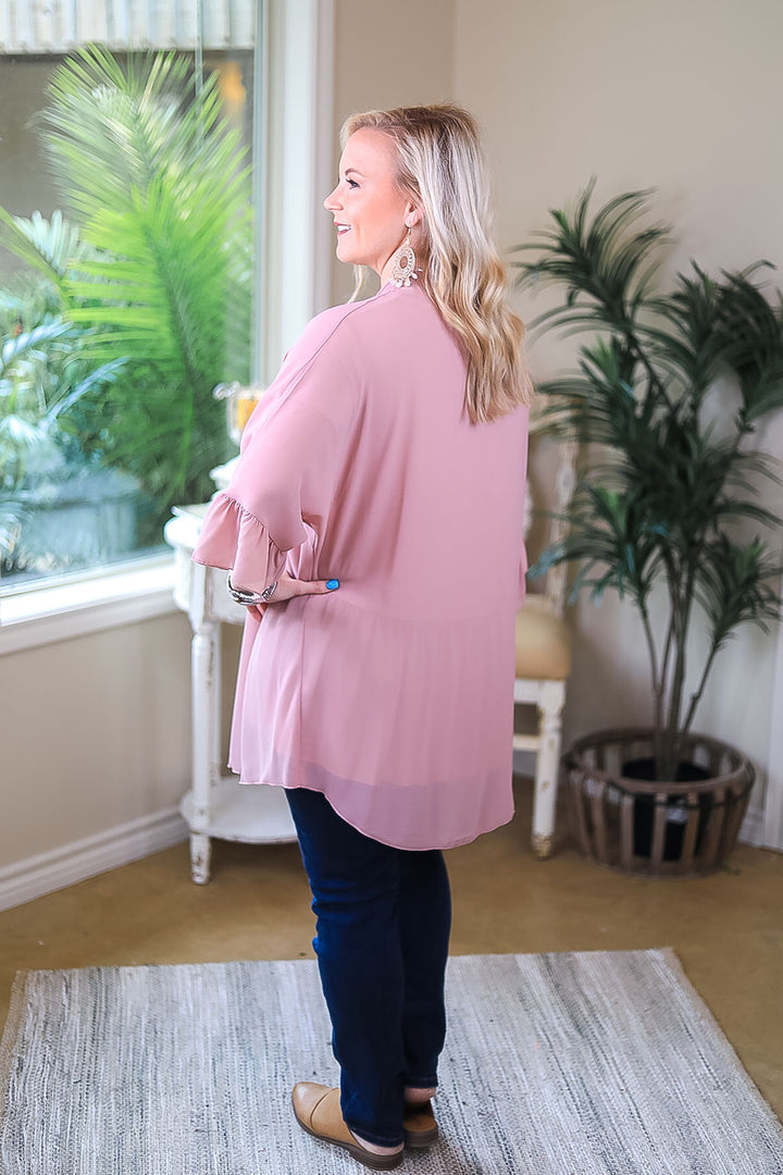 Tell Me About It Sheer Kimono with Ruffle Sleeves in Dusty Rose Pink - Giddy Up Glamour Boutique