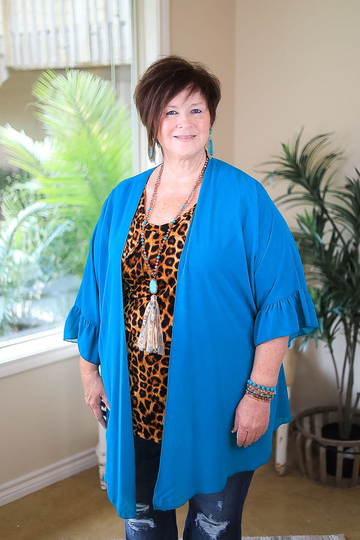 Tell Me About It Sheer Kimono with Ruffle Sleeves in Teal Blue - Giddy Up Glamour Boutique