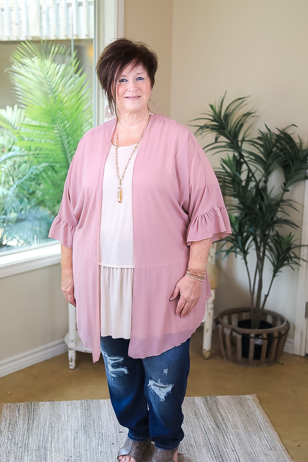 Tell Me About It Sheer Kimono with Ruffle Sleeves in Dusty Rose Pink - Giddy Up Glamour Boutique