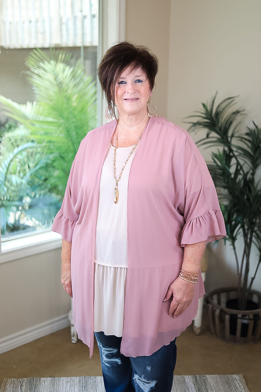 Tell Me About It Sheer Kimono with Ruffle Sleeves in Dusty Rose Pink - Giddy Up Glamour Boutique