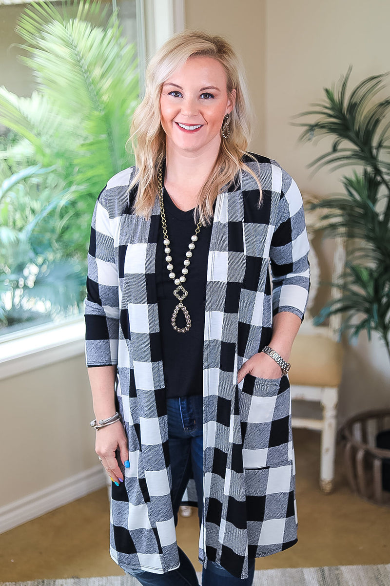 Last Chance Size Small | So Charming Buffalo Plaid Print Cardigan with Pockets in White