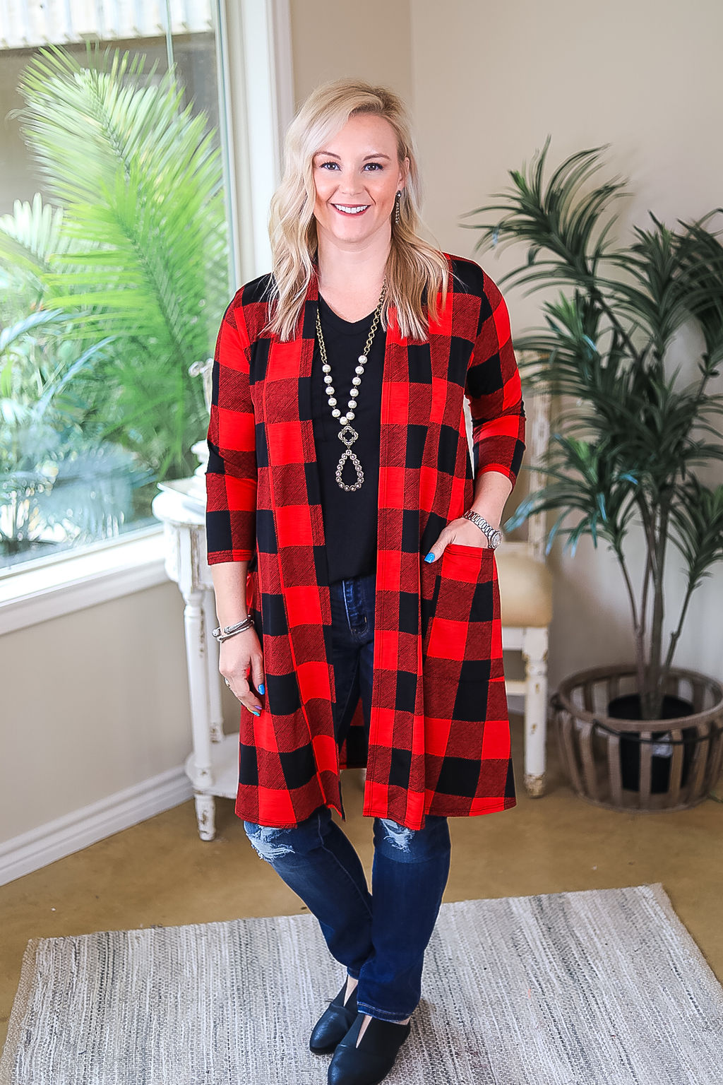 So Charming Buffalo Plaid Print Cardigan with Pockets in Red - Giddy Up Glamour Boutique