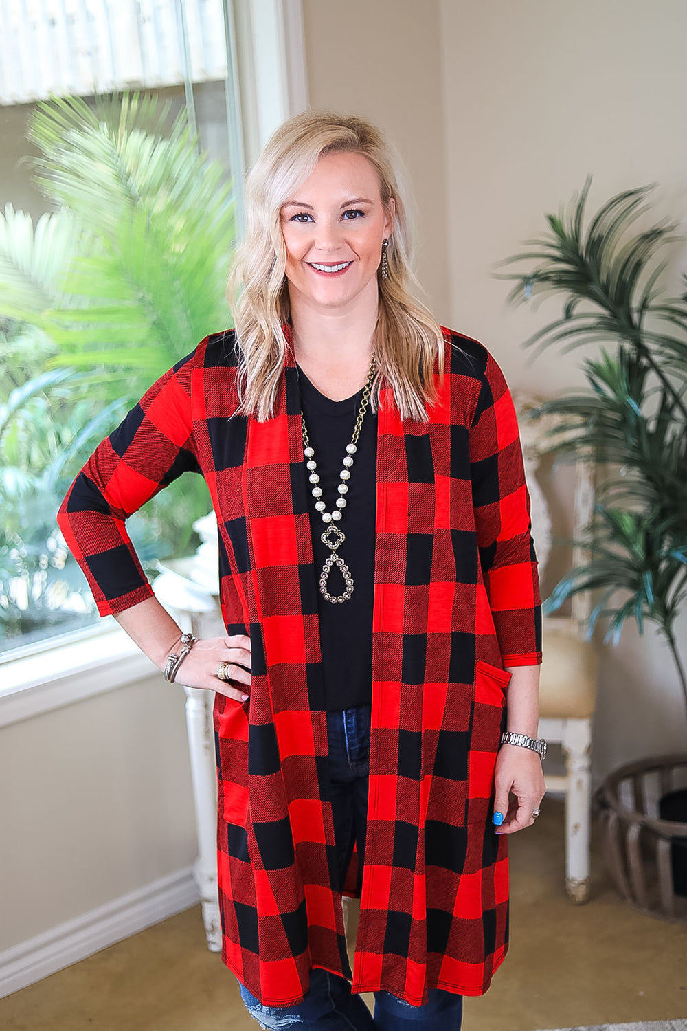 So Charming Buffalo Plaid Print Cardigan with Pockets in Red - Giddy Up Glamour Boutique