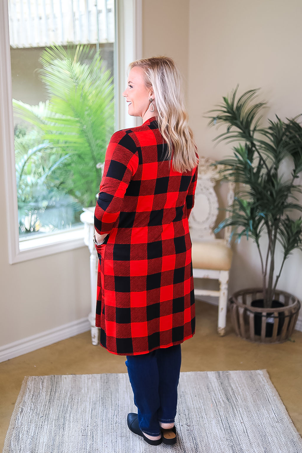 So Charming Buffalo Plaid Print Cardigan with Pockets in Red - Giddy Up Glamour Boutique