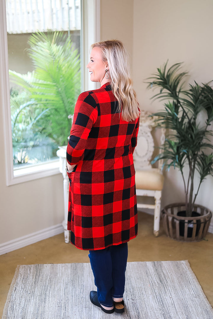 So Charming Buffalo Plaid Print Cardigan with Pockets in Red - Giddy Up Glamour Boutique