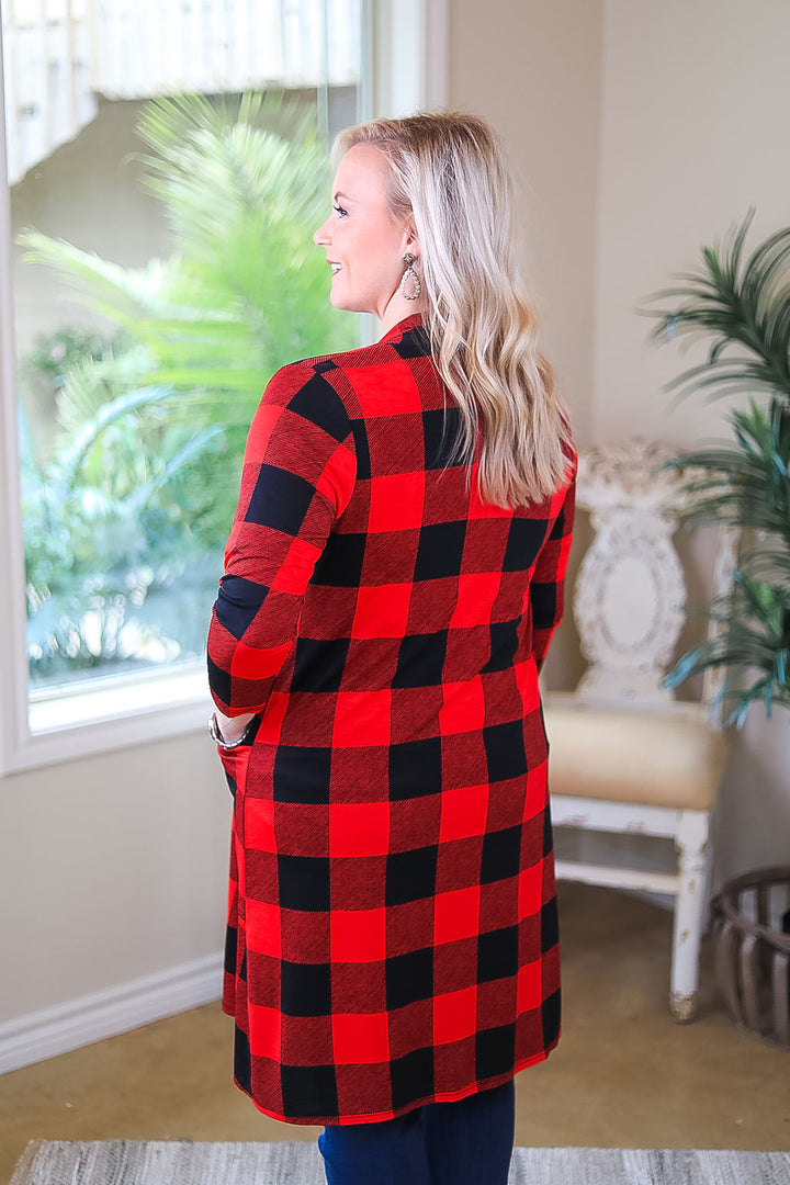 So Charming Buffalo Plaid Print Cardigan with Pockets in Red - Giddy Up Glamour Boutique