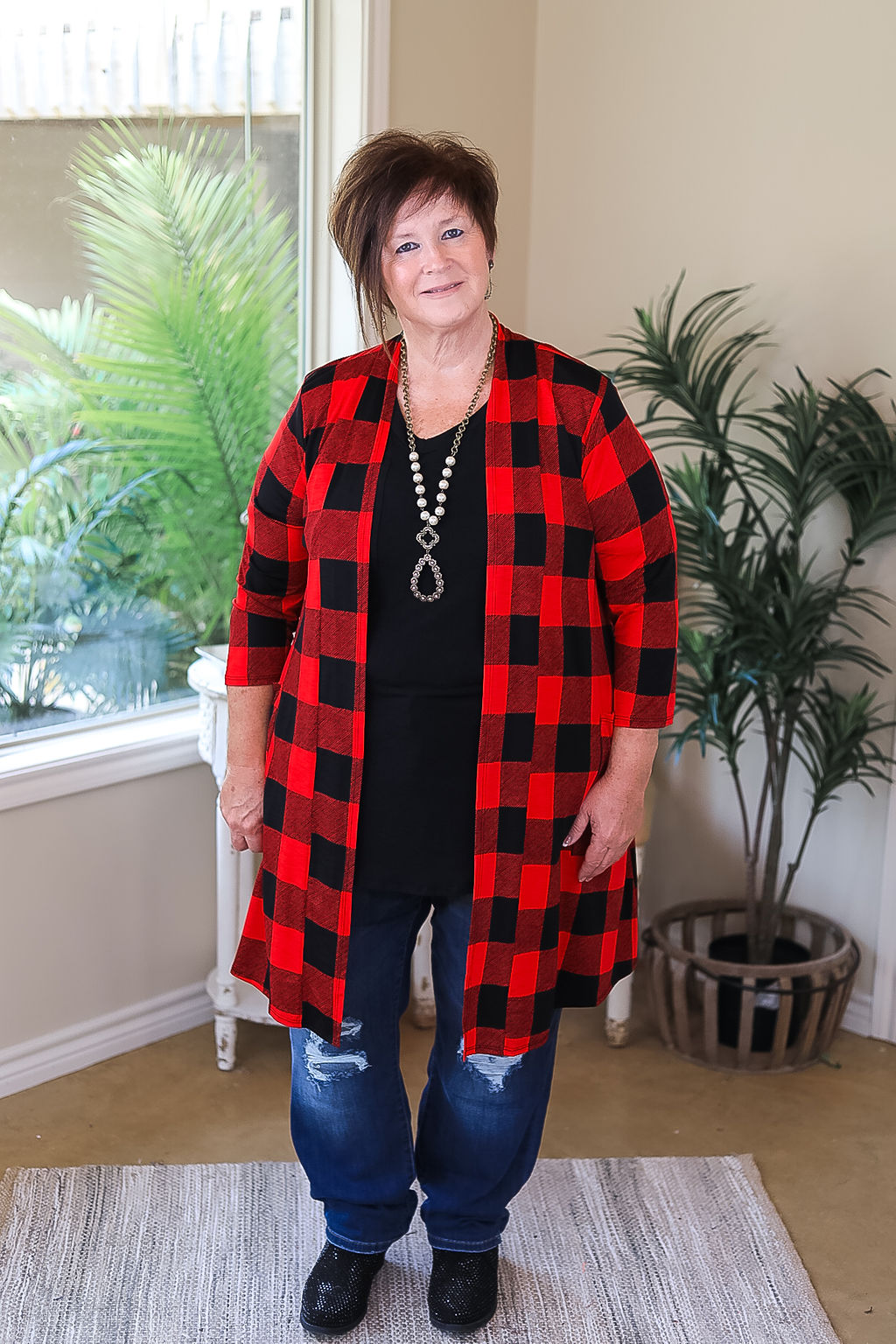 So Charming Buffalo Plaid Print Cardigan with Pockets in Red - Giddy Up Glamour Boutique