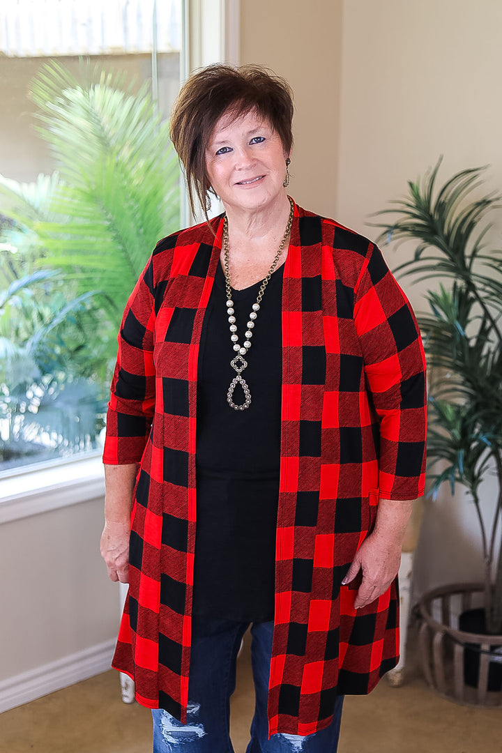 So Charming Buffalo Plaid Print Cardigan with Pockets in Red - Giddy Up Glamour Boutique
