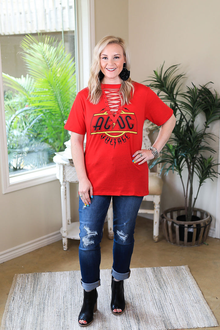 ACDC | High Voltage Keyhole & Lace Up Band Tee in Red - Giddy Up Glamour Boutique