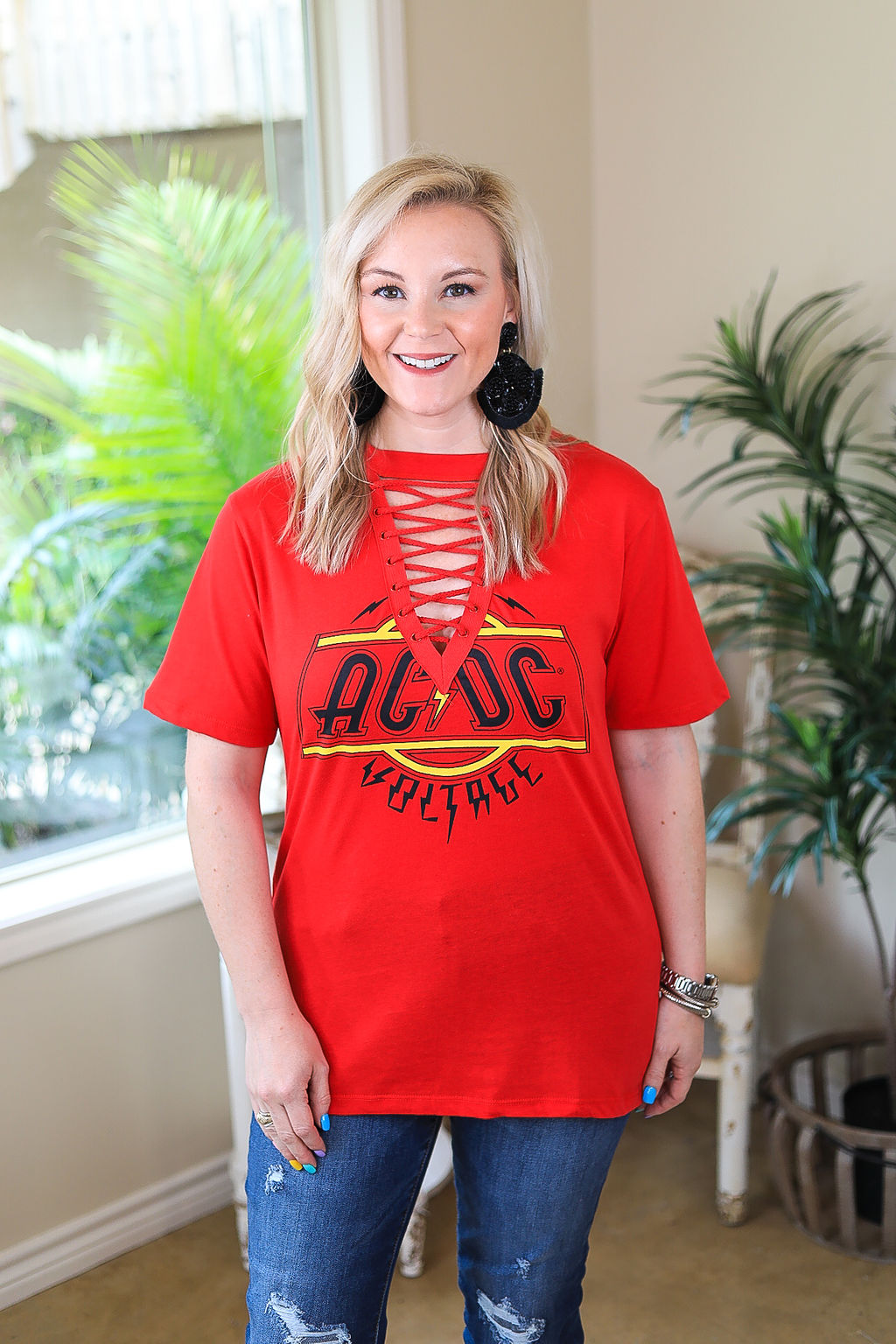 ACDC | High Voltage Keyhole & Lace Up Band Tee in Red - Giddy Up Glamour Boutique