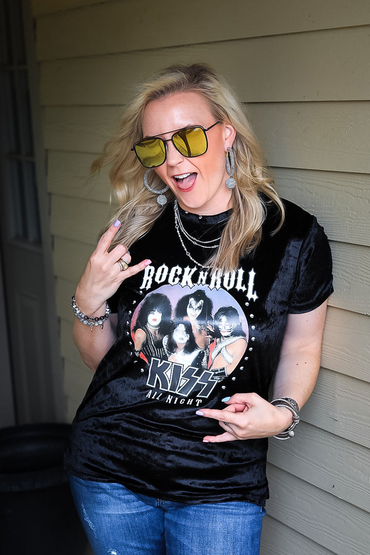 Kiss | Rock N Roll All Night Velvet Band Tee in Black - Giddy Up Glamour Boutique
