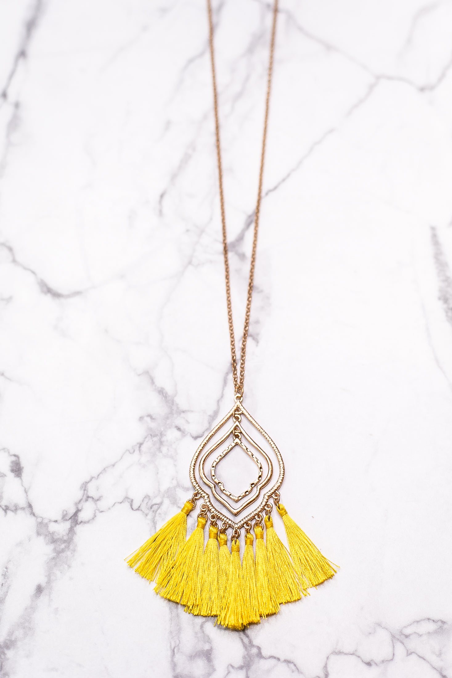 Three Layer Quatrefoil Pendant Necklace with Tassels in Mustard Yellow - Giddy Up Glamour Boutique
