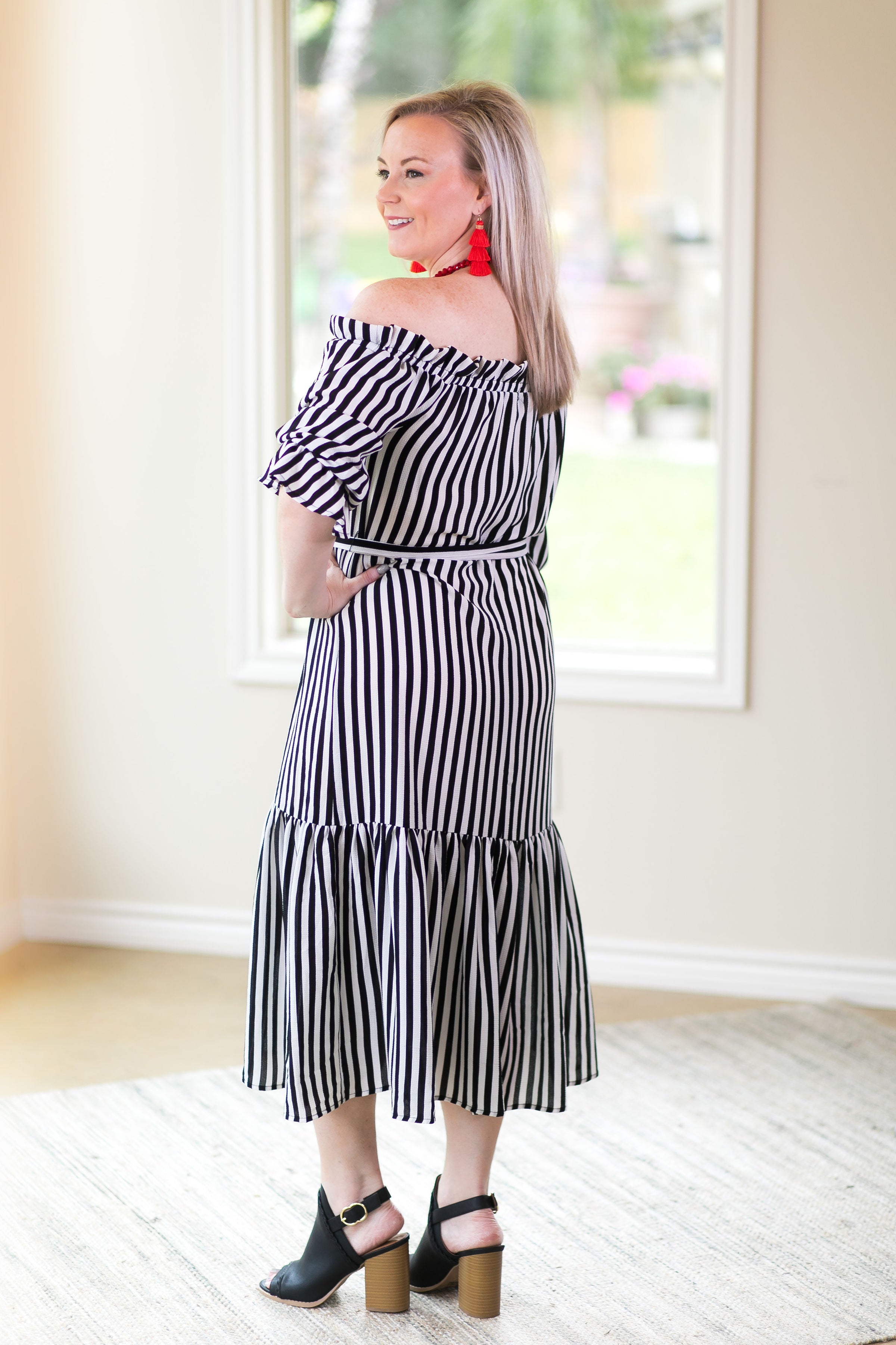 Jailhouse Rock Flying Tomato Trendy affordable college girl bohemian funky off the shoulder stripe midi ruffle dress black and white jail