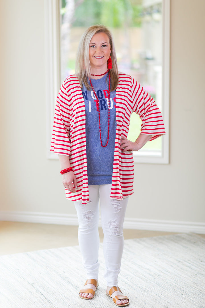 Living For It Stripe Cardigan with 3/4 Sleeves in Red - Giddy Up Glamour Boutique