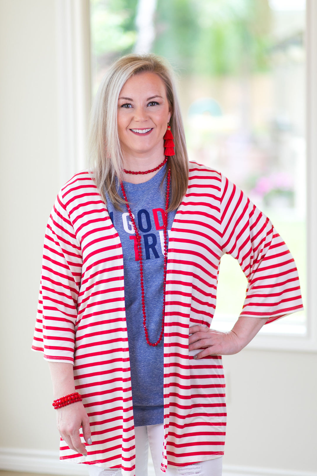 Living For It Stripe Cardigan with 3/4 Sleeves in Red - Giddy Up Glamour Boutique
