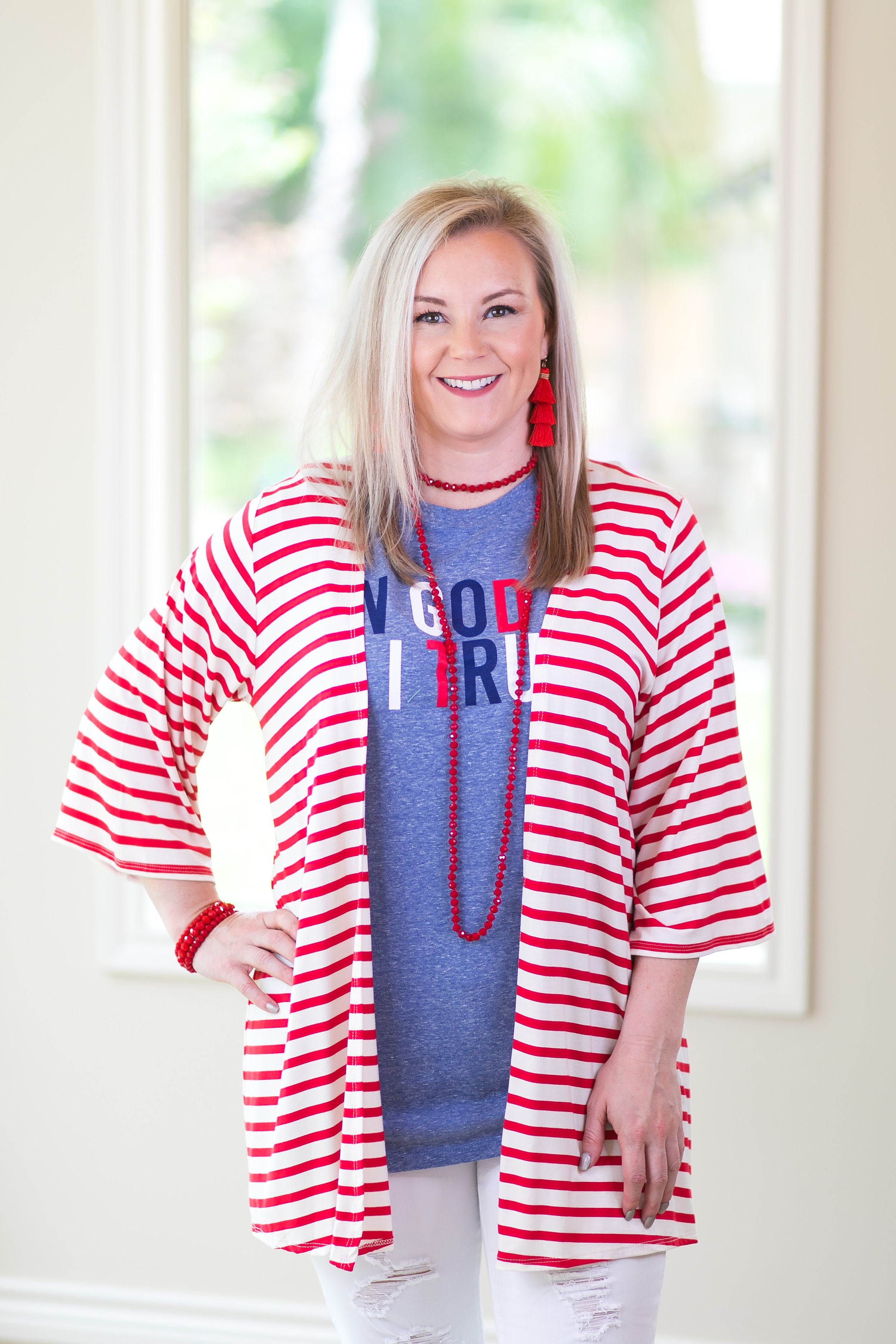 Living For It Stripe Cardigan with 3/4 Sleeves in Red - Giddy Up Glamour Boutique
