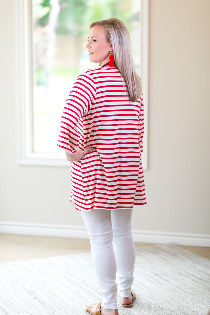 Living For It Stripe Cardigan with 3/4 Sleeves in Red - Giddy Up Glamour Boutique