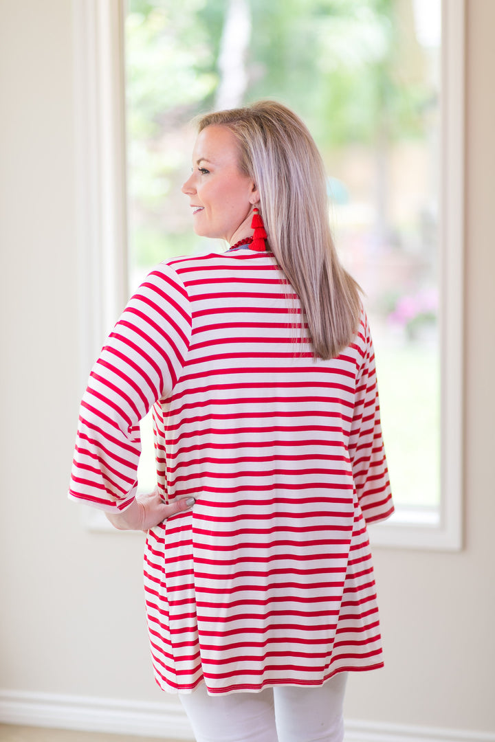 Living For It Stripe Cardigan with 3/4 Sleeves in Red - Giddy Up Glamour Boutique