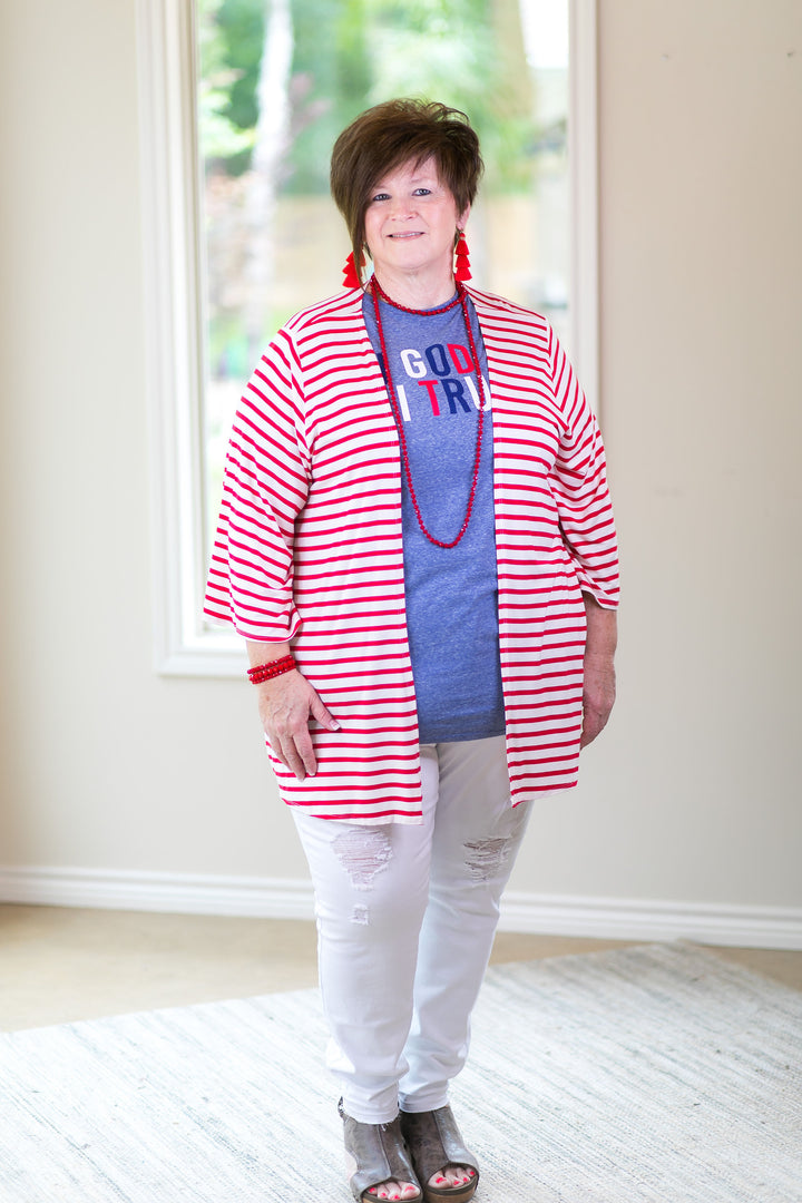 Living For It Stripe Cardigan with 3/4 Sleeves in Red - Giddy Up Glamour Boutique