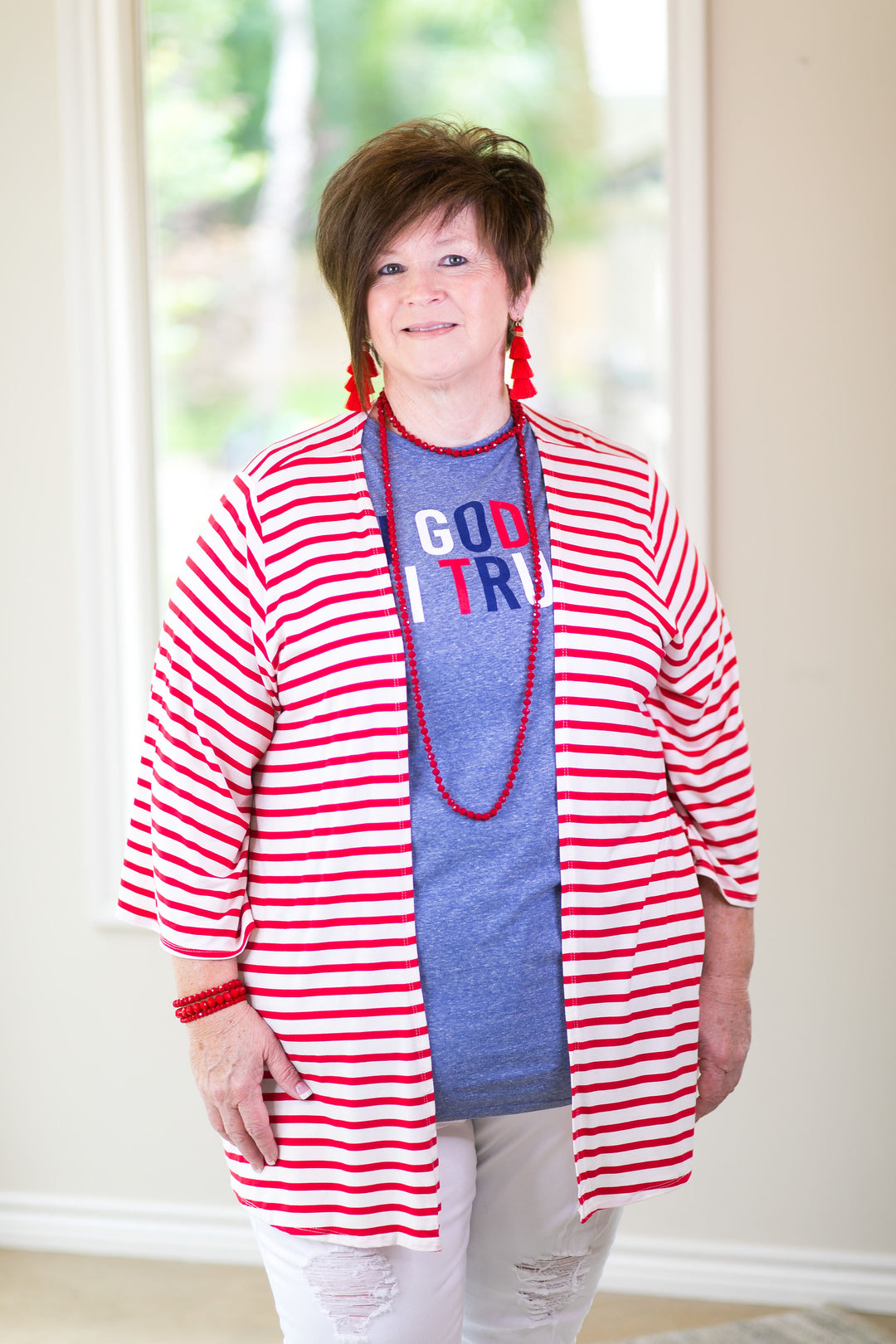 Living For It Stripe Cardigan with 3/4 Sleeves in Red - Giddy Up Glamour Boutique
