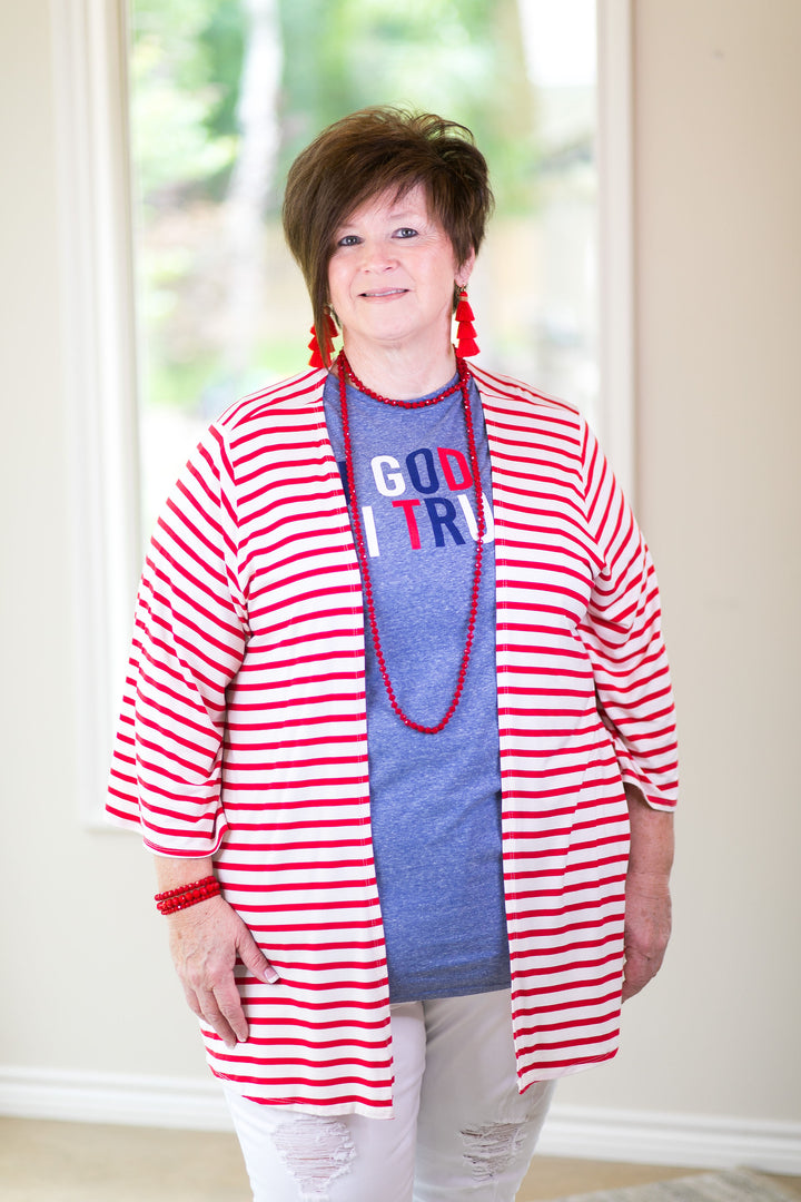 Living For It Stripe Cardigan with 3/4 Sleeves in Red - Giddy Up Glamour Boutique