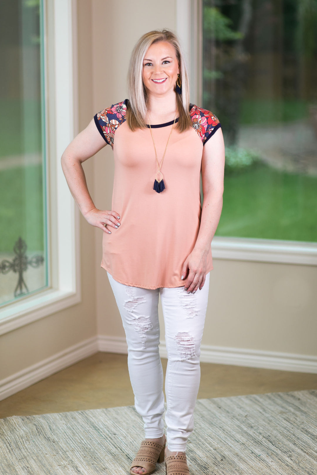 Meadow View Navy Floral Sleeve Top in Peach pink dolman top loose business casual comfy tee navy trim neckline