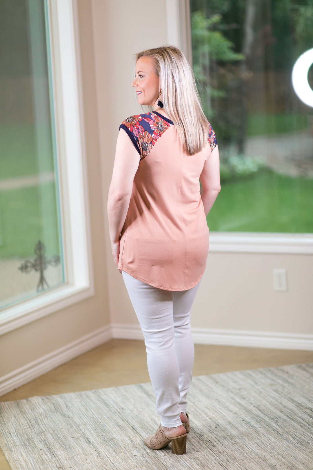 Meadow View Navy Floral Sleeve Top in Peach pink dolman top loose business casual comfy tee navy trim neckline