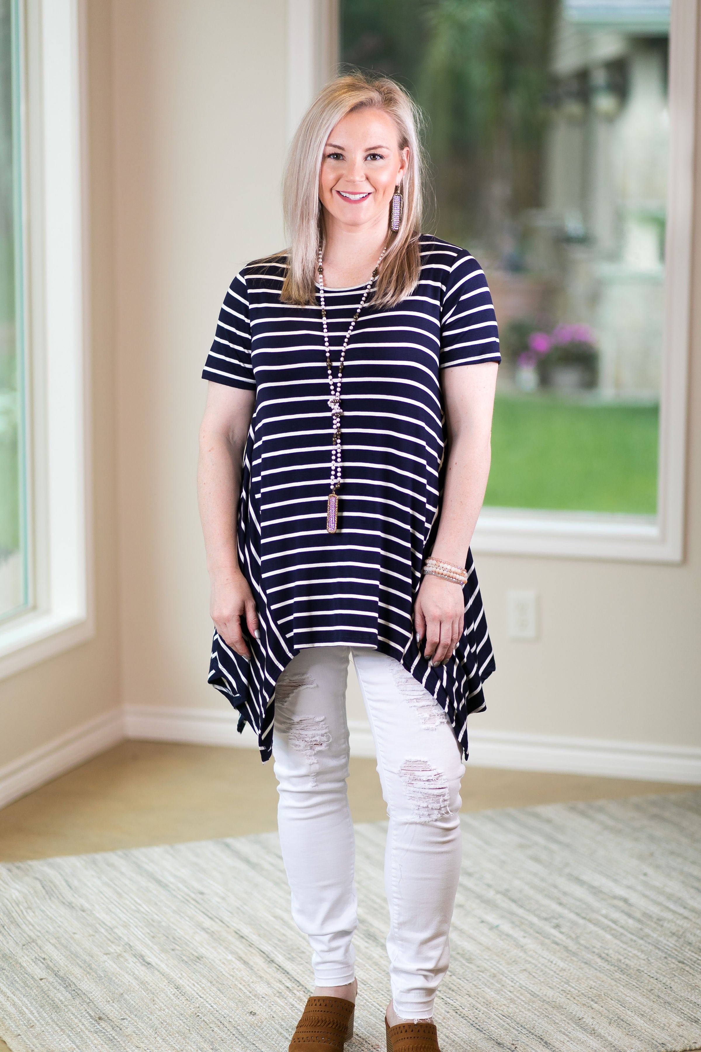 Simplified Style Striped Handkerchief Tunic Top in Navy