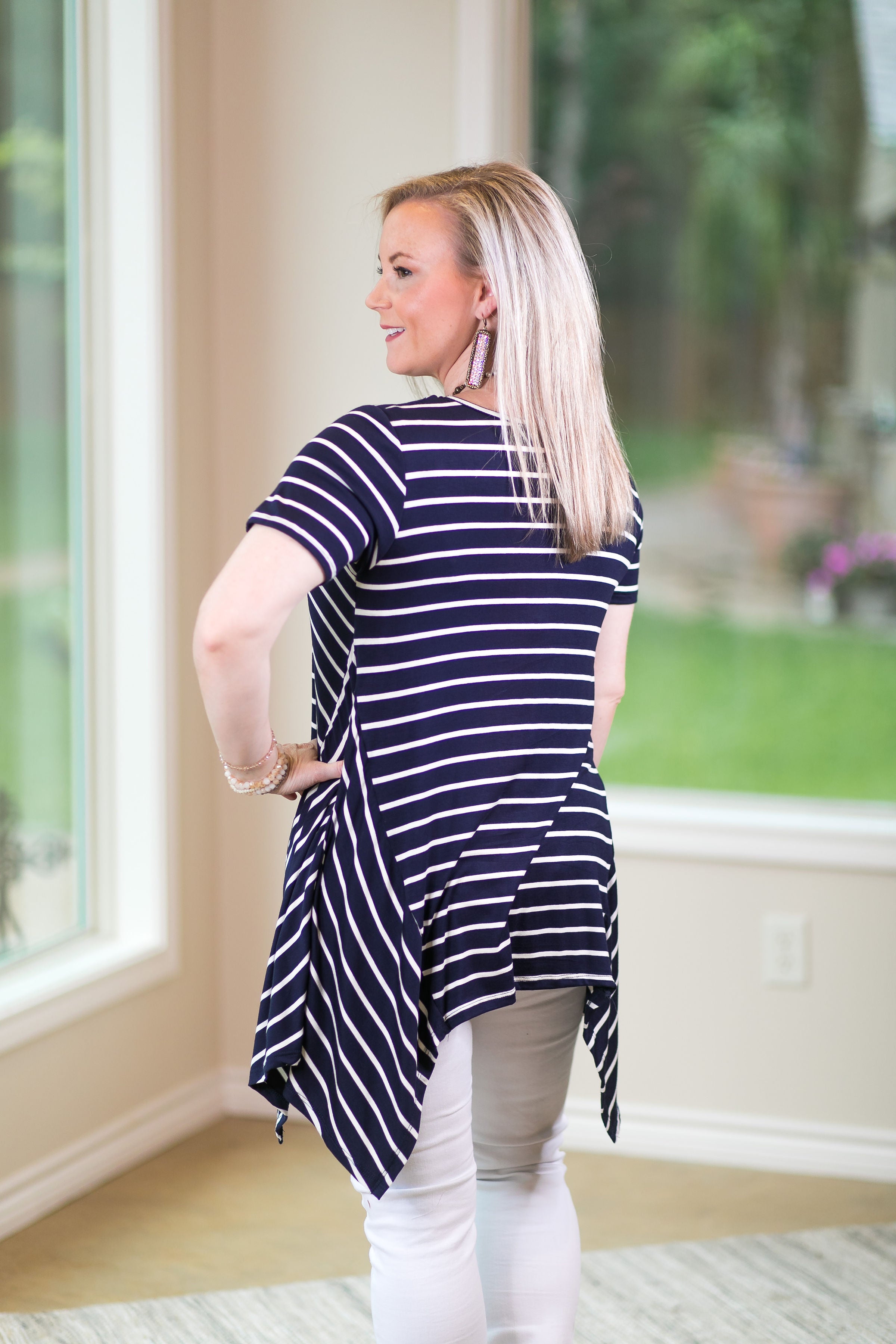 Simplified Style Striped Handkerchief Tunic Top in Navy - Giddy Up Glamour Boutique