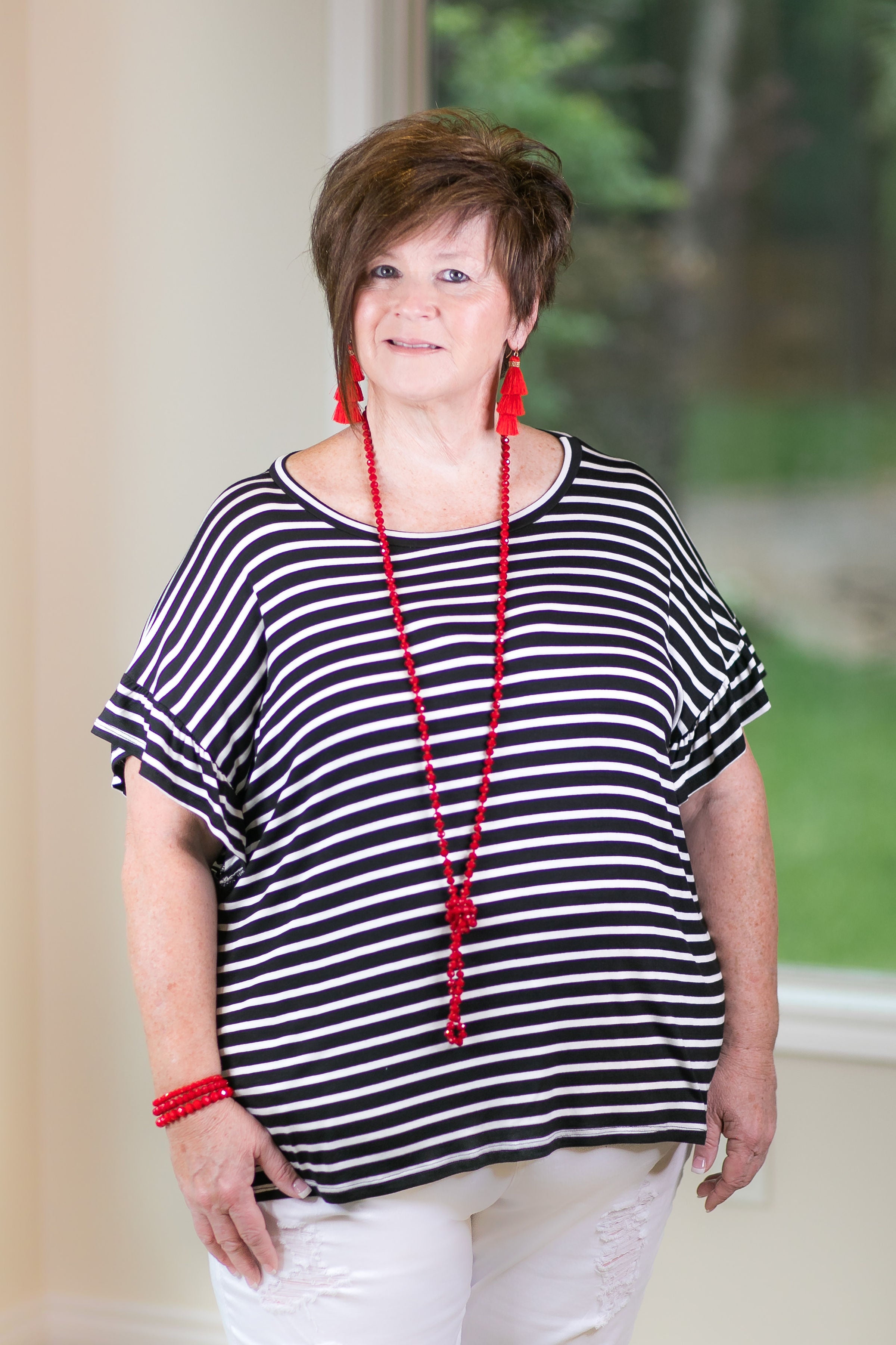 Plus Size | Leading Lines Stripe Top with Ruffle Sleeves in Black - Giddy Up Glamour Boutique
