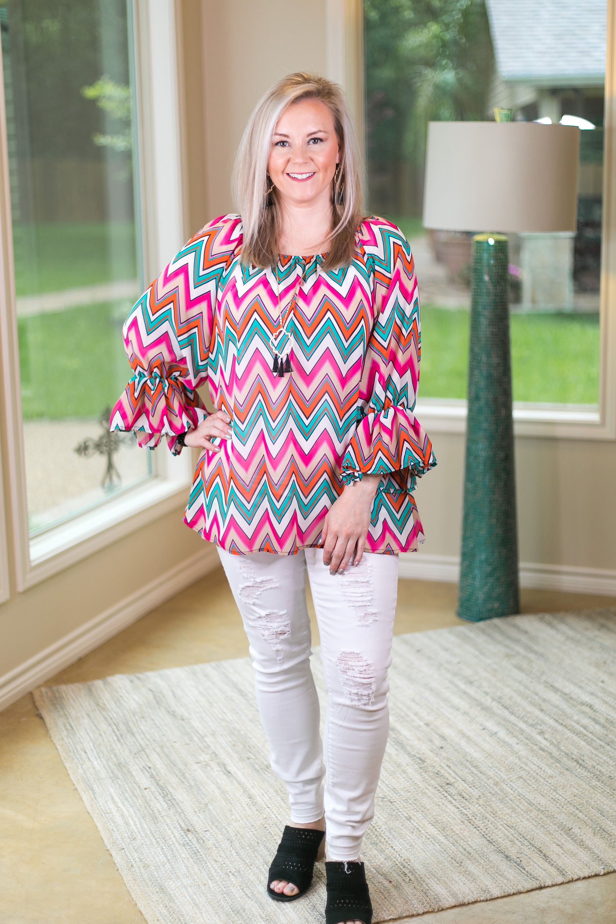 Last Chance Size Small & Med. | Sheer Chevron Top in Turquoise, Pink, and Orange - Giddy Up Glamour Boutique