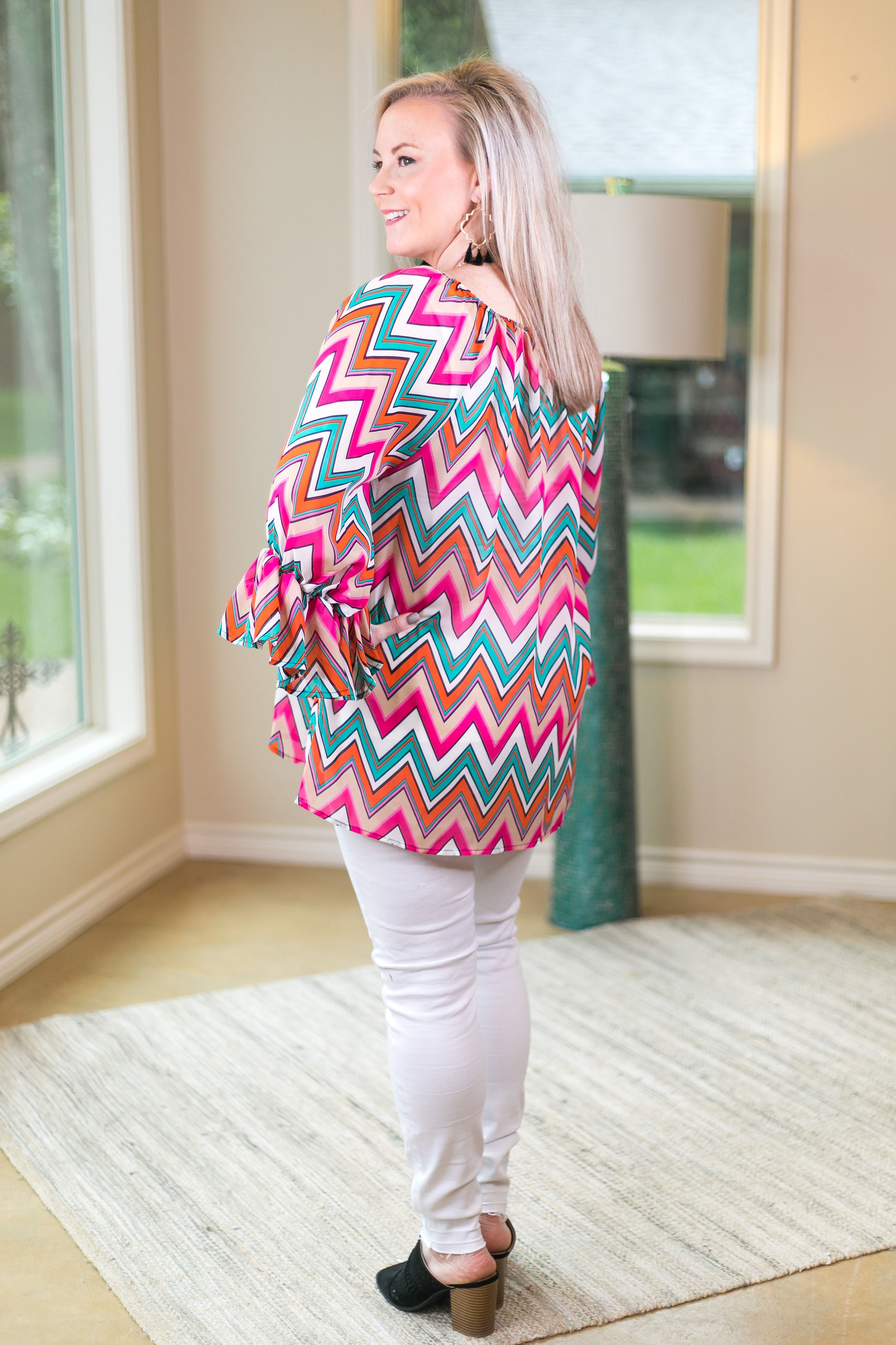 Last Chance Size Small & Med. | Sheer Chevron Top in Turquoise, Pink, and Orange - Giddy Up Glamour Boutique