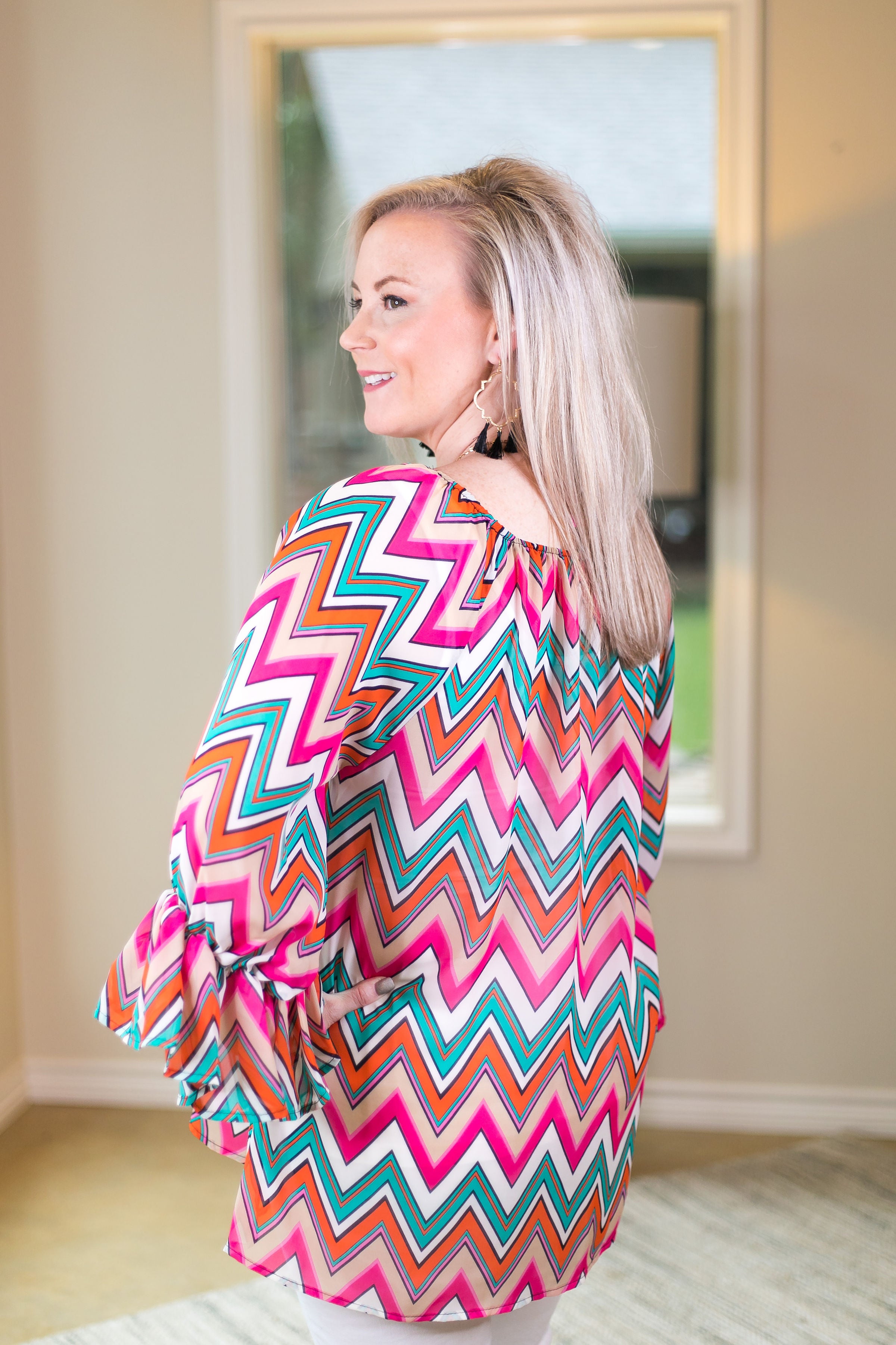 Last Chance Size Small & Med. | Sheer Chevron Top in Turquoise, Pink, and Orange - Giddy Up Glamour Boutique