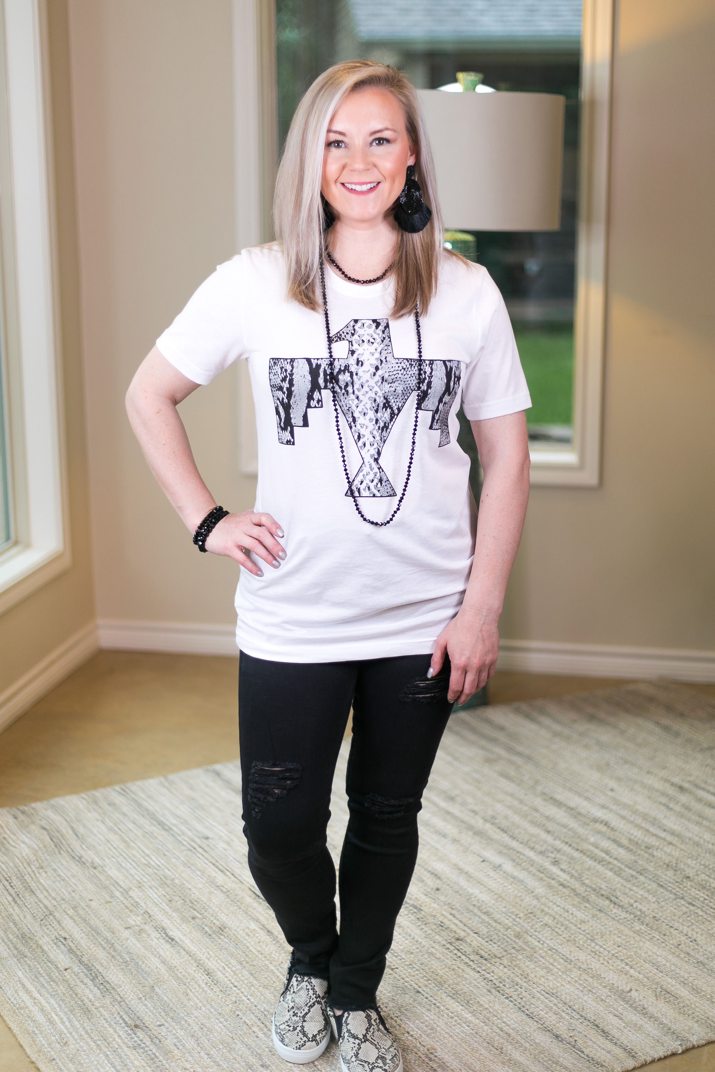 Last Chance Size 3XL | Keep Her Wild Snakeskin Thunderbird Graphic Short Sleeve Tee Shirt in White - Giddy Up Glamour Boutique