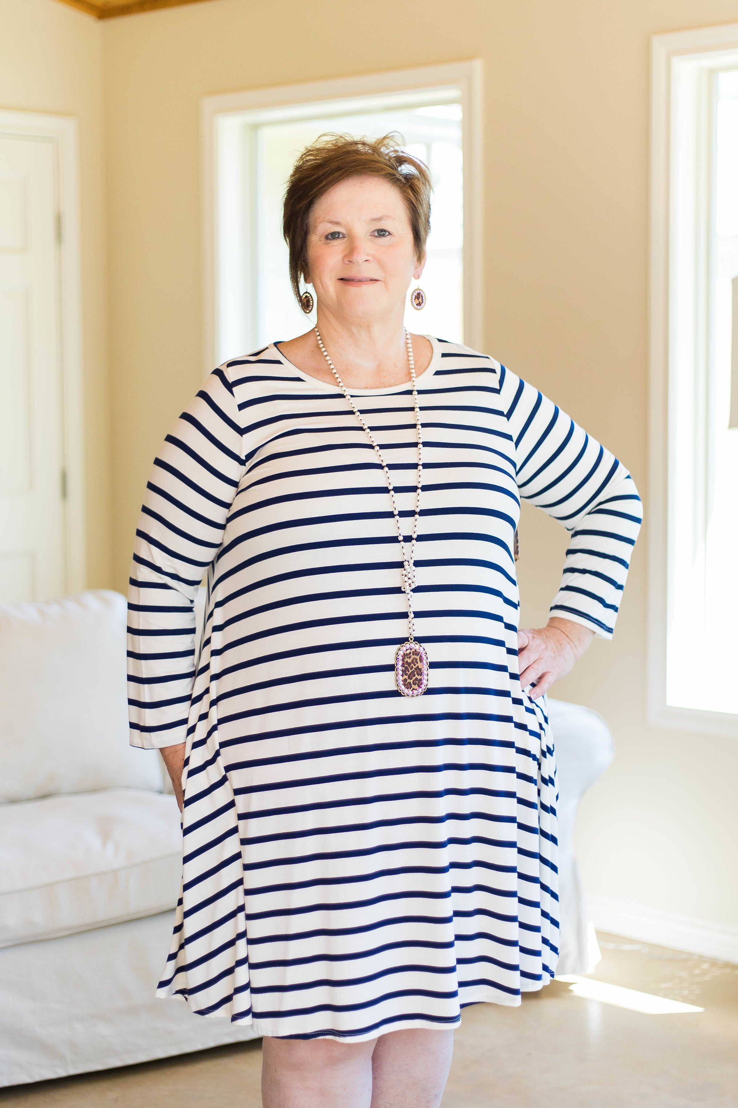 Last Chance Size 1XL & 2XL | All The Stripe A Line Tunic Dress in Navy