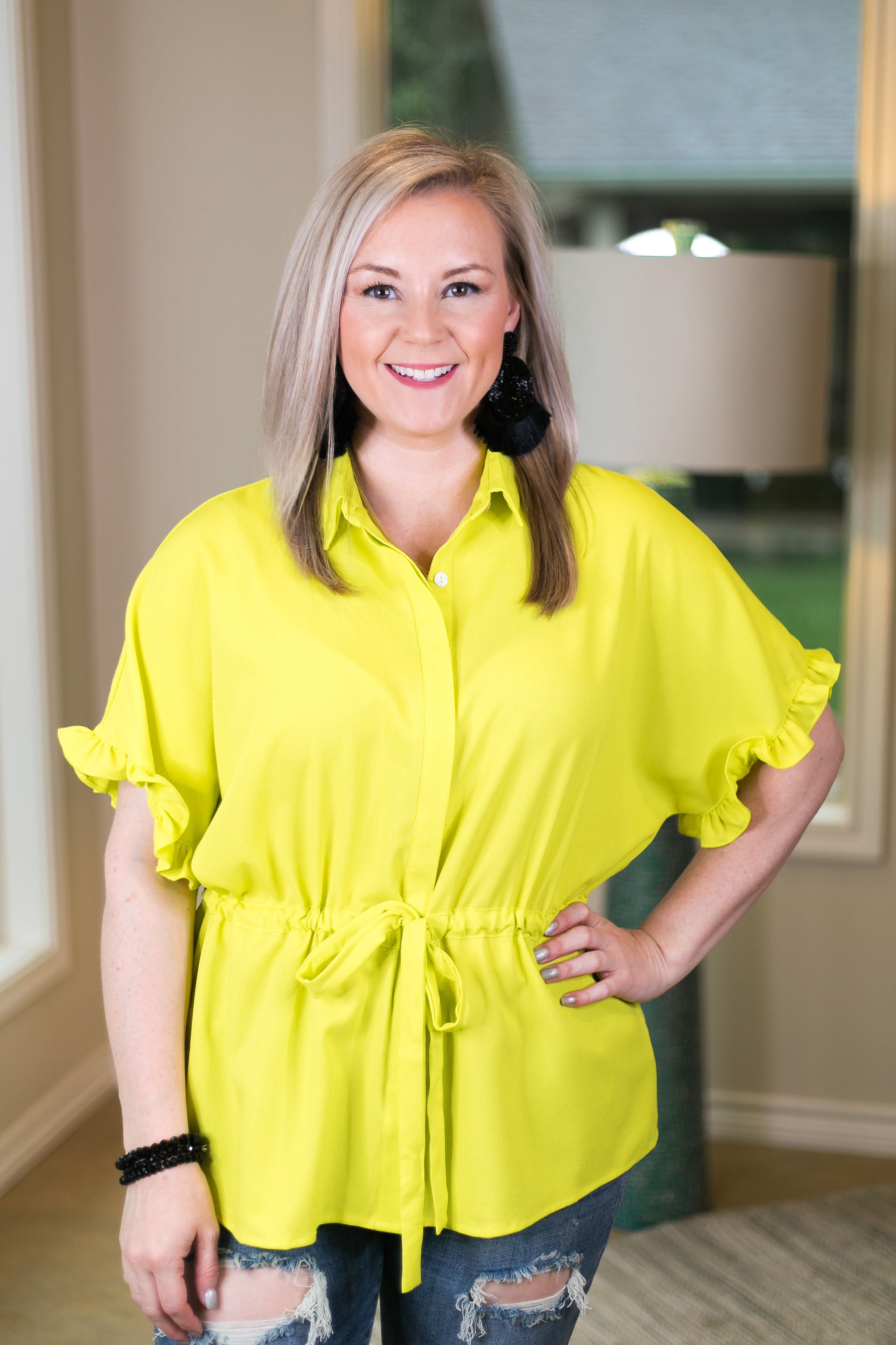 Last Chance Size Small | Double Take Button Down Top with Drawstring Waist and Ruffled Sleeves in Lime Green - Giddy Up Glamour Boutique