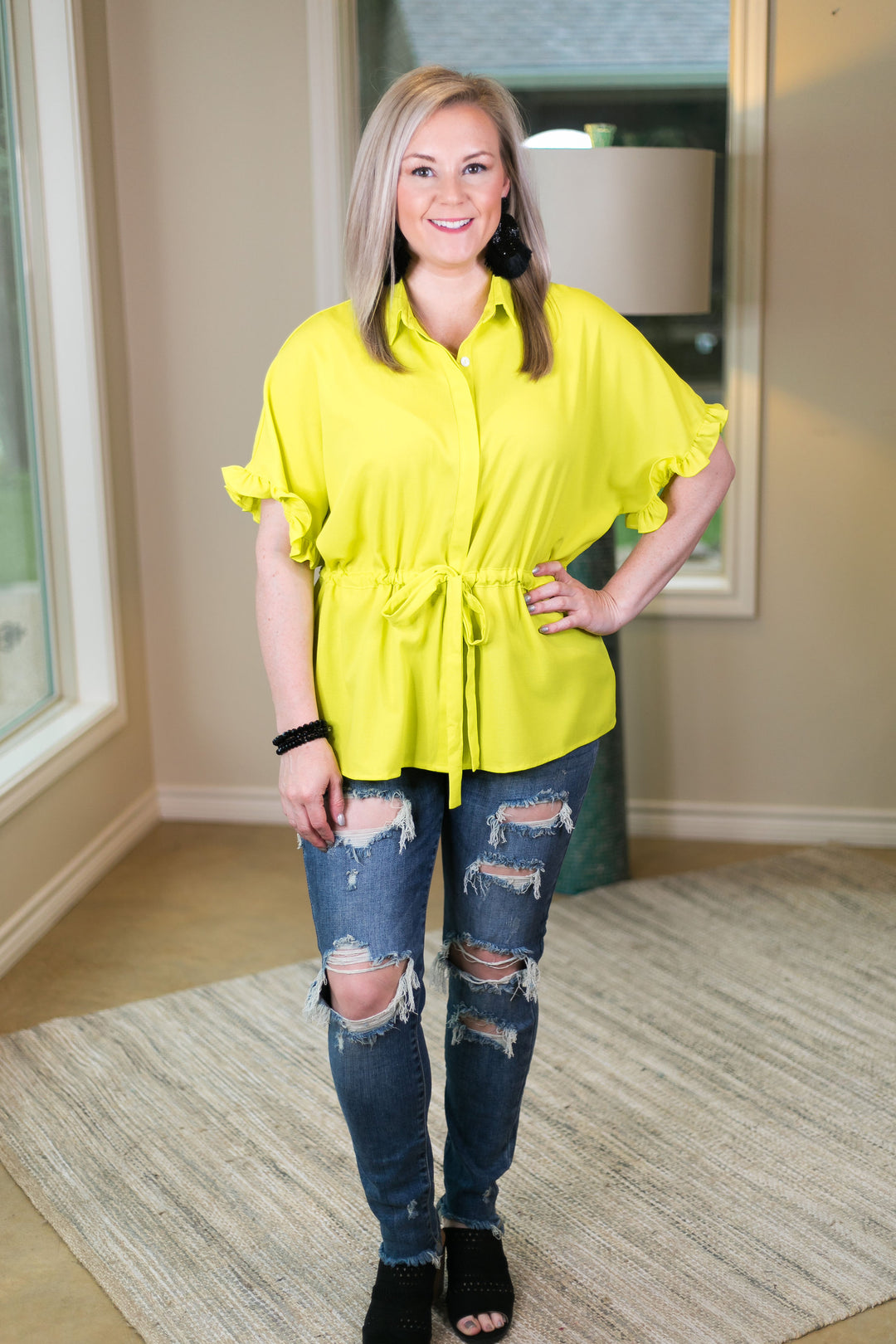 Last Chance Size Small | Double Take Button Down Top with Drawstring Waist and Ruffled Sleeves in Lime Green - Giddy Up Glamour Boutique