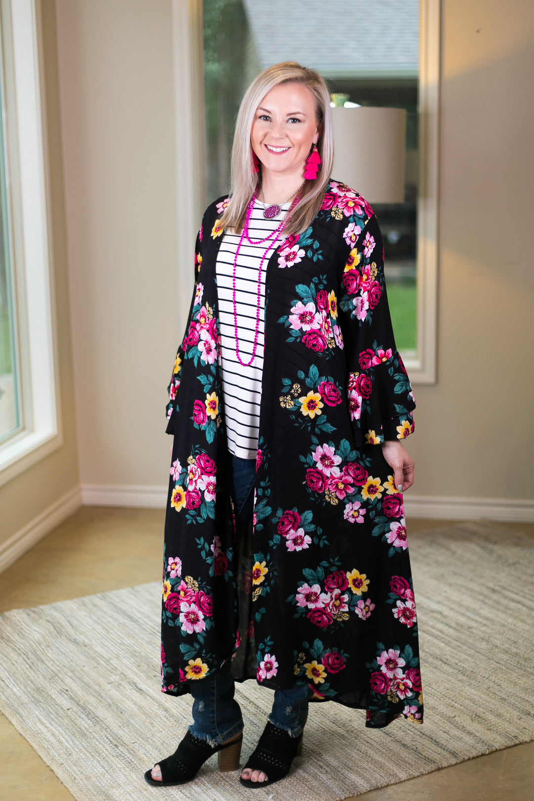 Southern Grace COME AWAY WITH ME Women's trendy missy plus size boutique clothing affordable bohemian  duster kimono floral black print cover up