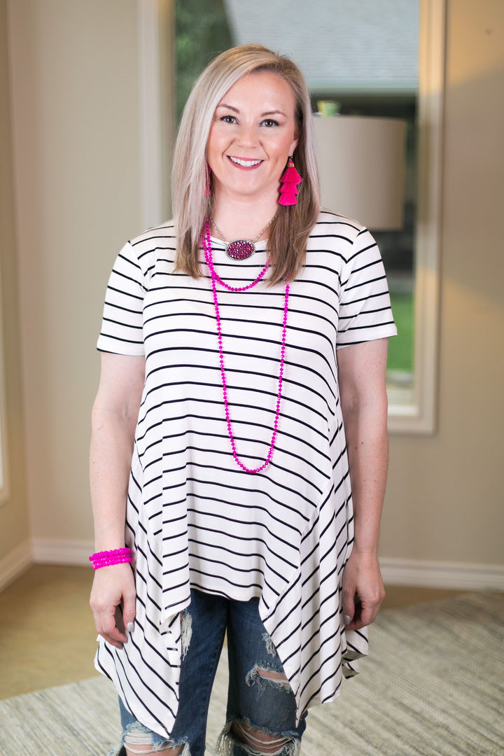 simplified style Women's trendy missy plus size boutique clothing shirt top blouse affordable short sleeve stripe handkerchief sharkbite tunic top to wear with leggings black ivory