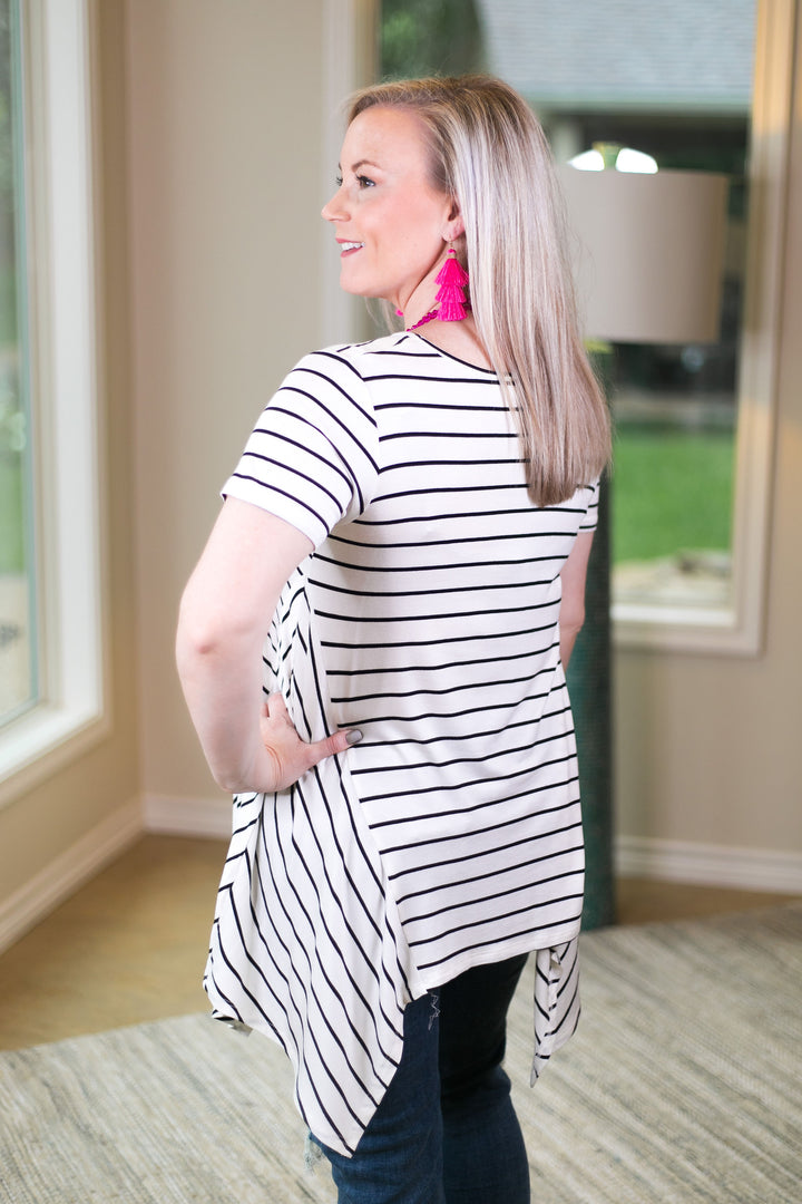 simplified style Women's trendy missy plus size boutique clothing shirt top blouse affordable short sleeve stripe handkerchief sharkbite tunic top to wear with leggings black ivory