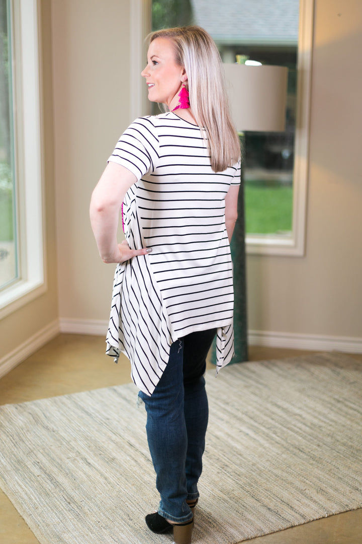 simplified style Women's trendy missy plus size boutique clothing shirt top blouse affordable short sleeve stripe handkerchief sharkbite tunic top to wear with leggings black ivory