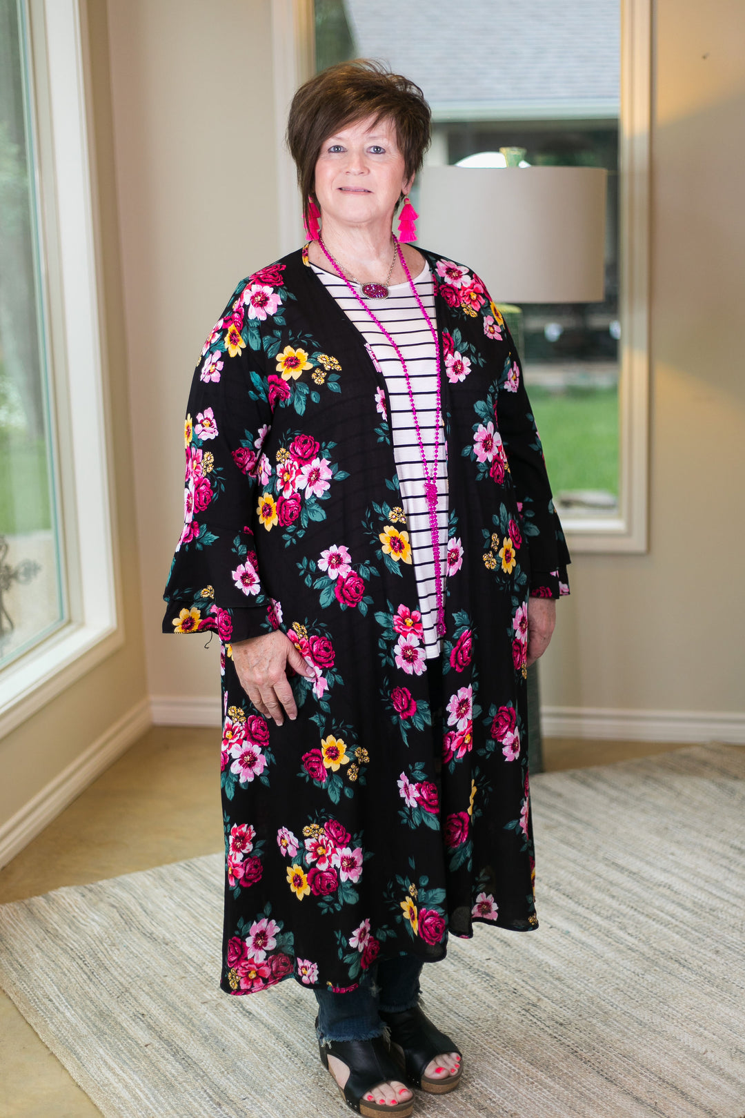 Southern Grace COME AWAY WITH ME Women's trendy missy plus size boutique clothing affordable bohemian  duster kimono floral black print cover up