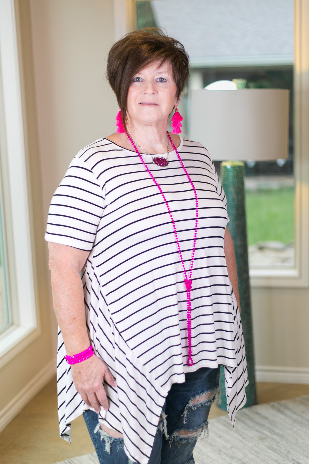 simplified style Women's trendy missy plus size boutique clothing shirt top blouse affordable short sleeve stripe handkerchief sharkbite tunic top to wear with leggings black ivory