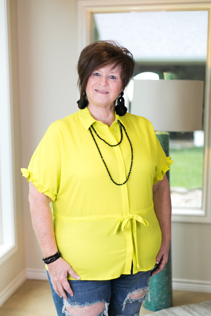 Last Chance Size Small | Double Take Button Down Top with Drawstring Waist and Ruffled Sleeves in Lime Green - Giddy Up Glamour Boutique