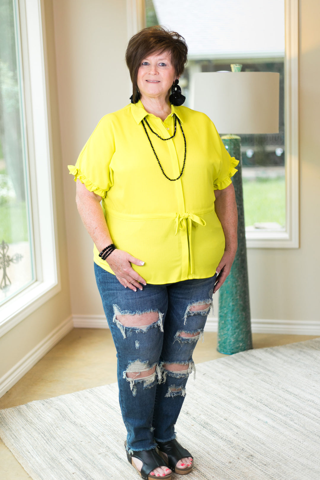 Last Chance Size Small | Double Take Button Down Top with Drawstring Waist and Ruffled Sleeves in Lime Green - Giddy Up Glamour Boutique