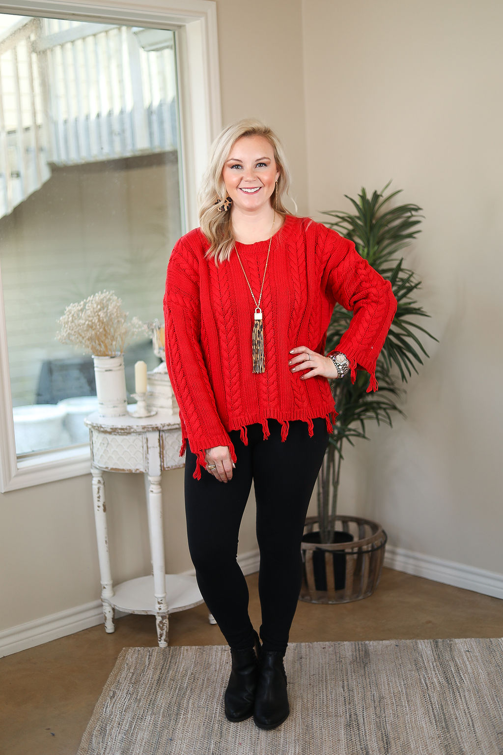 Ready Willing and Cable Knit Pullover Sweater with Frayed Hem in Red - Giddy Up Glamour Boutique