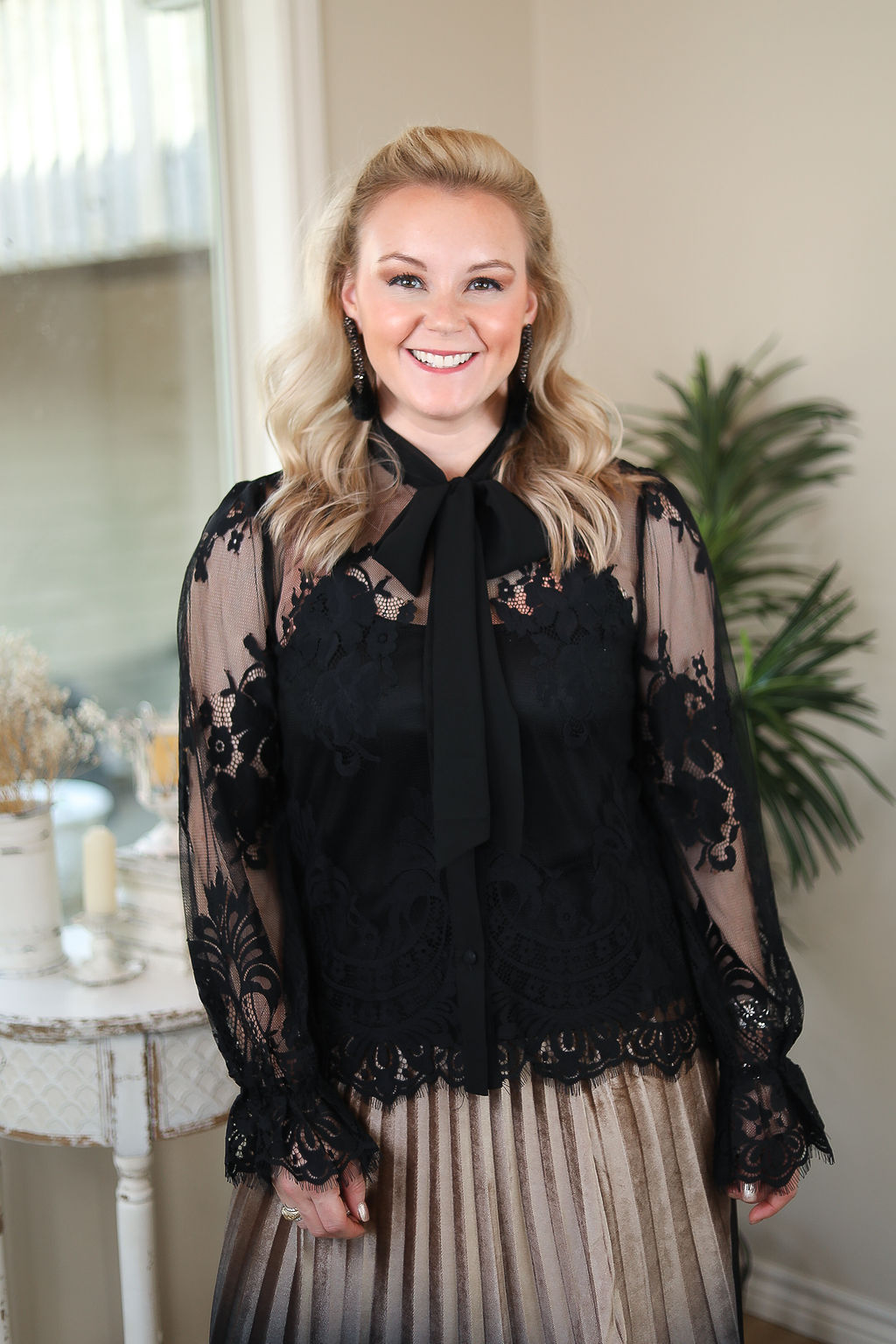Last Chance Size Small | Blown Away Button Up Lace Frill Shirt with Neck Tie in Black - Giddy Up Glamour Boutique
